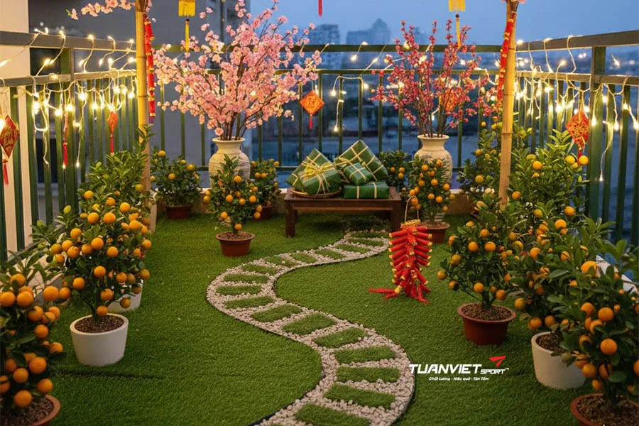 5 ý tưởng cỏ nhân tạo phối cảnh hoa mai, hoa đào giúp không gian đón lộc đầu xuân