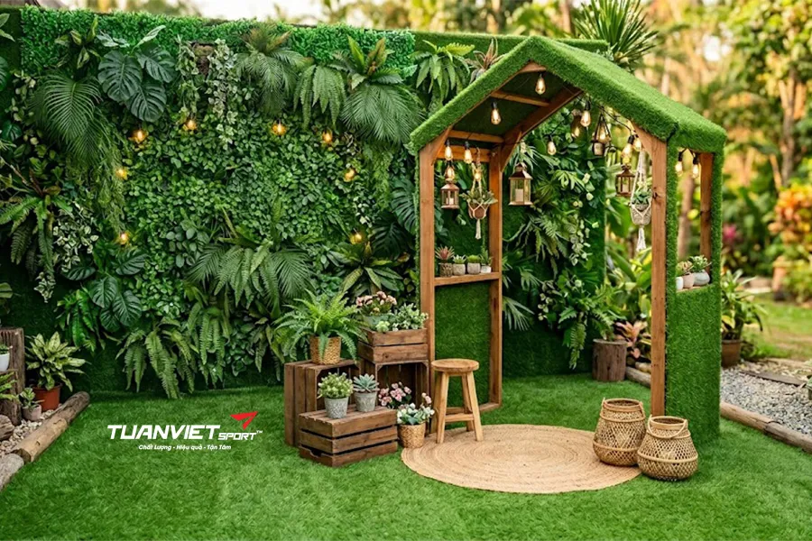 Decor quán cafe Noel phong cách xanh: Biến tấu không gian với cỏ nhân tạo trang trí