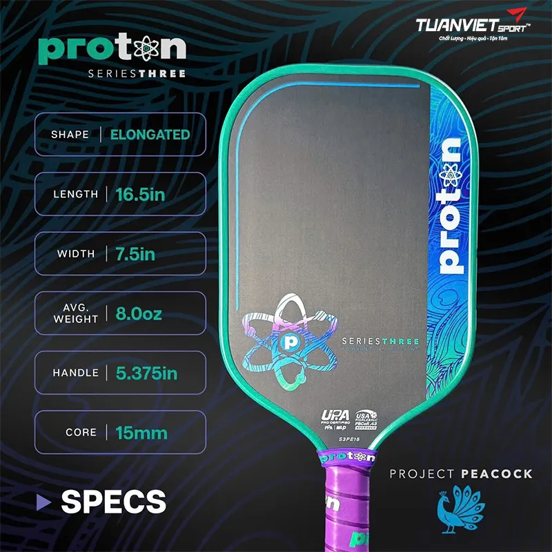 Vợt Pickleball Proton Series Three - Project Peacock Elongated 15mm