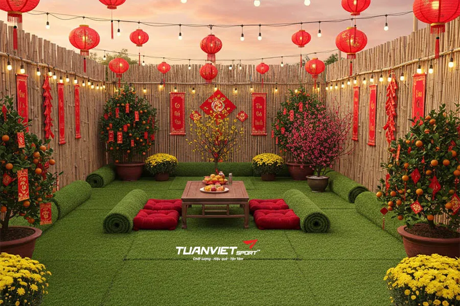 Kinh nghiệm chọn cỏ nhân tạo cho sân vườn trang trí Tết bền đẹp, tiết kiệm