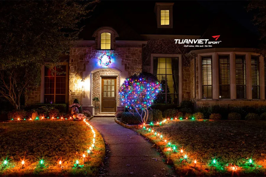 Trang trí khu chụp ảnh Giáng sinh ngoài trời với cỏ nhân tạo và ánh sáng LED lung linh