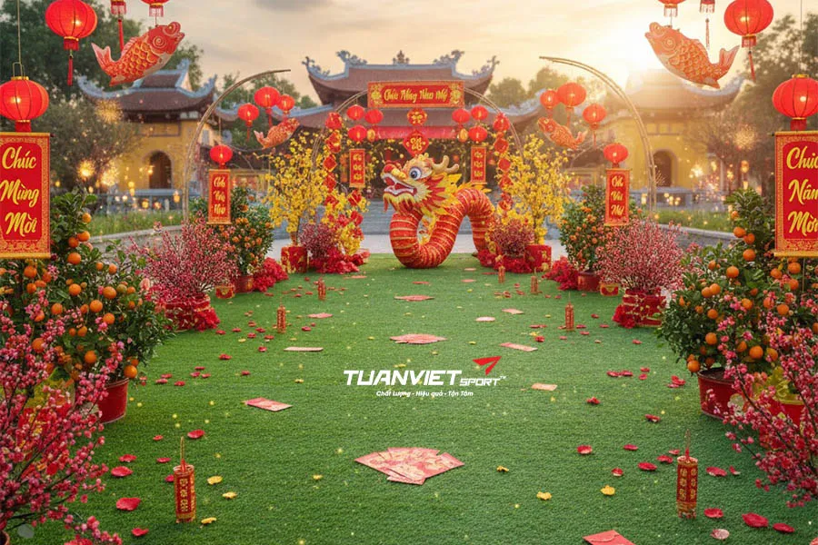 Trang trí Tết ngoài trời nên chọn cỏ nhân tạo sợi thẳng 1cm, 2cm hay 3cm?