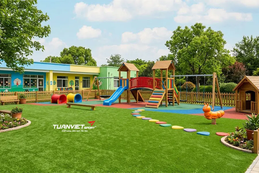 C&aacute;ch bảo dưỡng cỏ nh&acirc;n tạo s&acirc;n chơi trường mầm non để chống nắng v&agrave; phai m&agrave;u