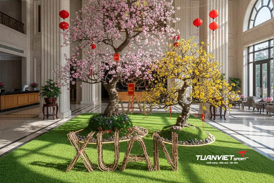 5 ý tưởng cỏ nhân tạo phối cảnh hoa mai, hoa đào giúp không gian đón lộc đầu xuân