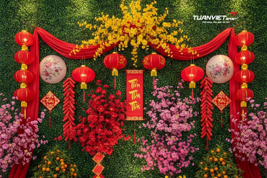 Cỏ nhân tạo backdrop Tết: Ý tưởng trang trí đơn giản nhưng ấn tượng