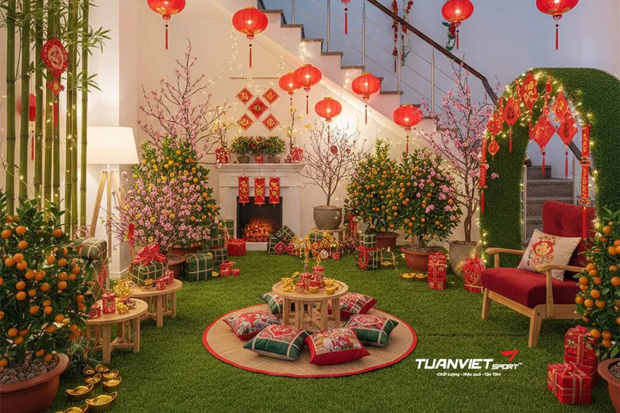 Cỏ nhân tạo backdrop Tết: Ý tưởng trang trí đơn giản nhưng ấn tượng