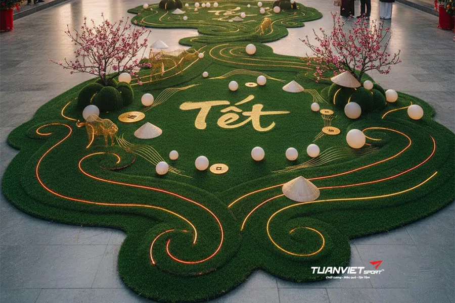 Gợi &yacute; trang tr&iacute; Tết 2026 bằng cỏ nh&acirc;n tạo theo phong c&aacute;ch cổ truyền v&agrave; hiện đại