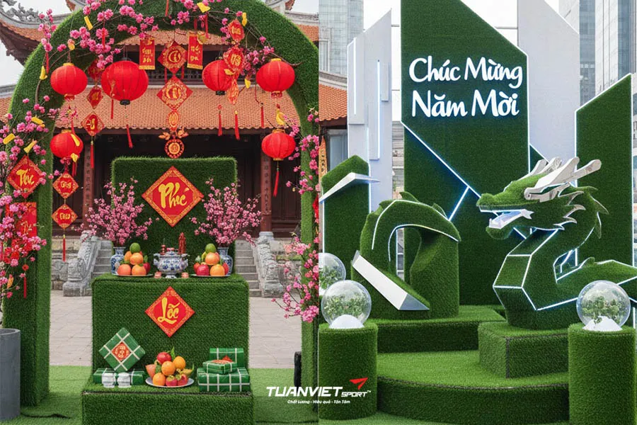 Gợi &yacute; trang tr&iacute; Tết 2026 bằng cỏ nh&acirc;n tạo theo phong c&aacute;ch cổ truyền v&agrave; hiện đại