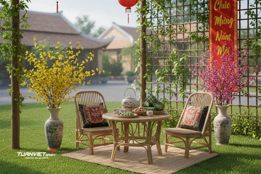 &Yacute; tưởng trang tr&iacute; s&acirc;n vườn ng&agrave;y Tết bằng cỏ nh&acirc;n tạo đẹp, gọn g&agrave;ng, dễ thi c&ocirc;ng