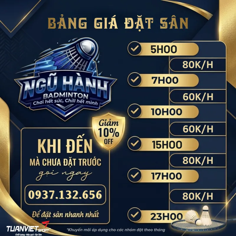 Bảng gi&aacute; S&acirc;n cầu l&ocirc;ng Ngũ H&agrave;nh Badminton