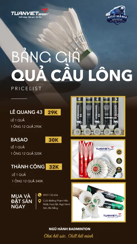 Bảng gi&aacute; quả cầu l&ocirc;ng tại S&acirc;n cầu l&ocirc;ng Ngũ H&agrave;nh Badminton