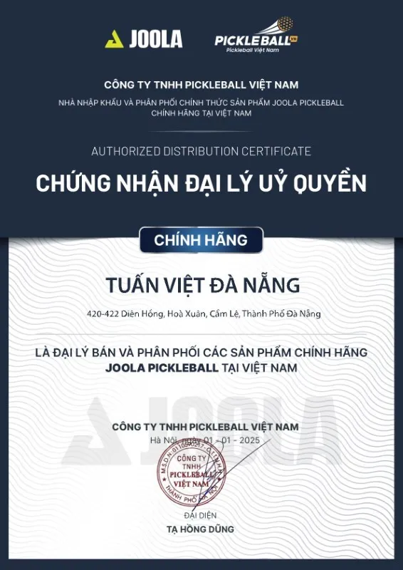 Chứng nhận đại lý ủy quyền của Tuấn Việt Sport - được cấp bởi nhà phân phối Joola Pickleball Việt Nam