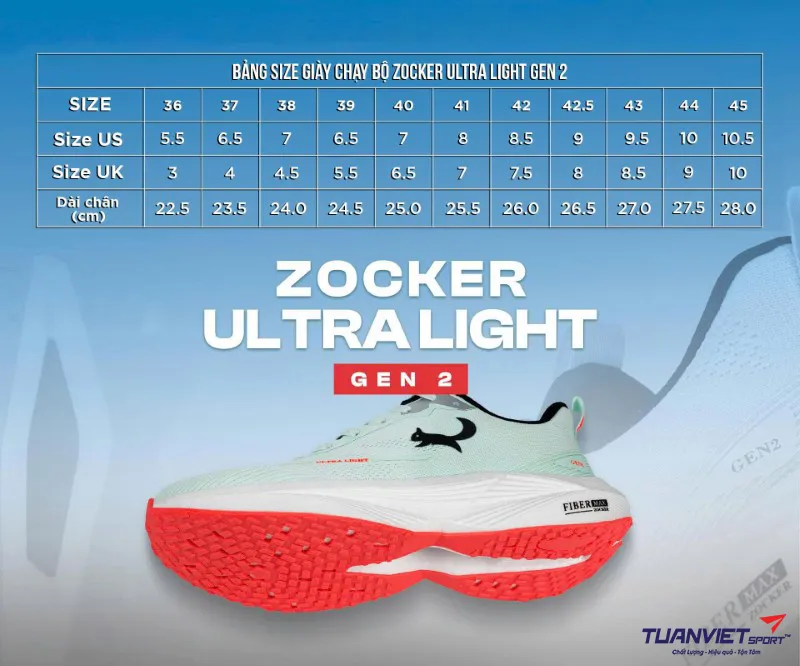 Bảng size Gi&agrave;y chạy bộ Zocker Ultra Light Gen 2