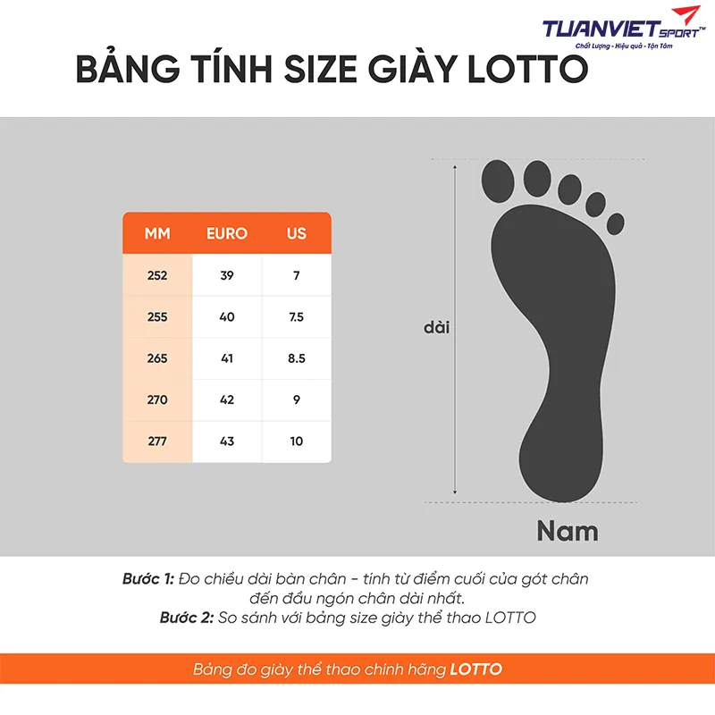 Bảng chọn size Giày Pickleball/Tennis Nam Lotto Dallas