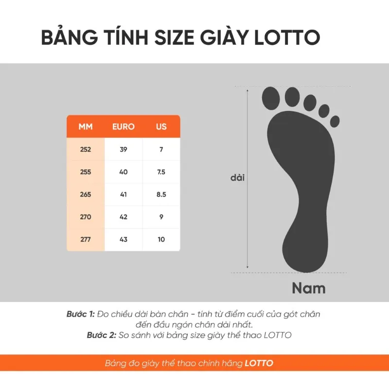 Bảng kích thước chọn size Giày Pickleball/Tennis Nam Lotto Enrico