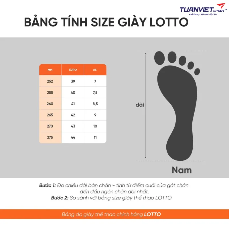 Bảng đo kích thước Giày Pickleball-Tennis Nam Lotto Francis LOTTE0701O