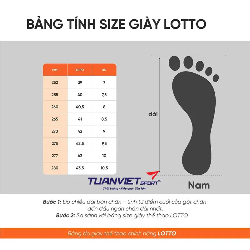 Bảng size Gi&agrave;y Pickleball/Tennis Nam Lotto Garret