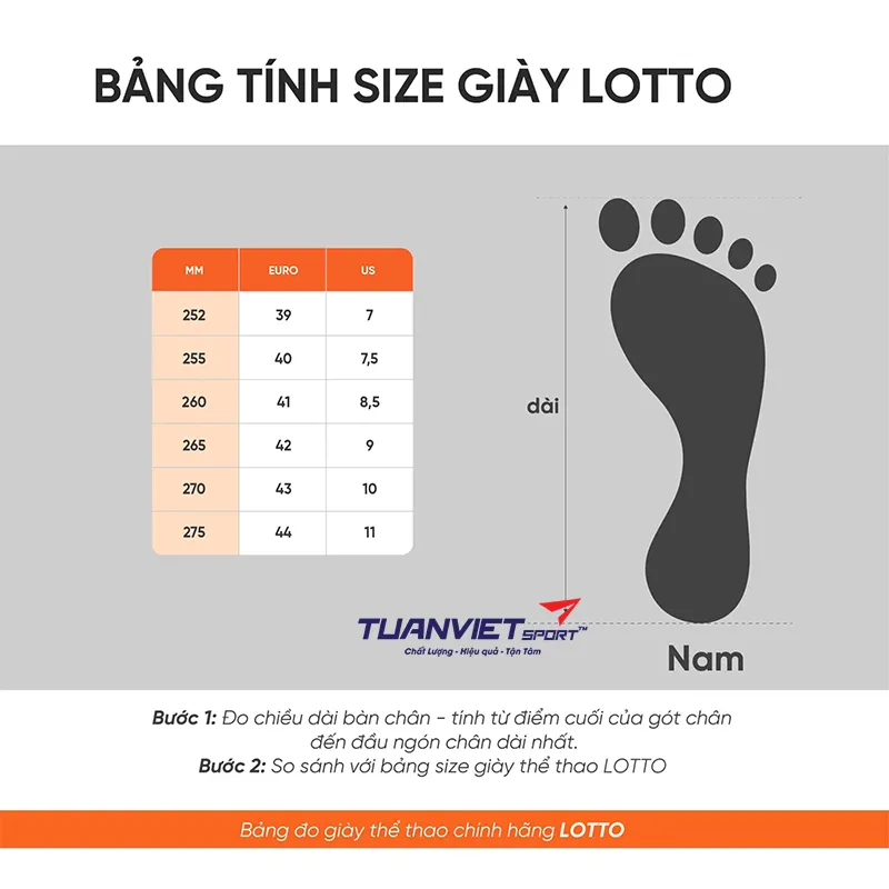 Bảng size Gi&agrave;y Pickleball/Tennis Nam Lotto Helena
