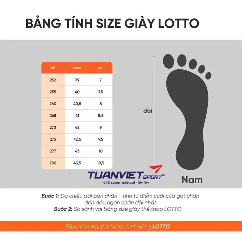 Bảng size Gi&agrave;y Pickleball/Tennis Nam Lotto Mirage 700