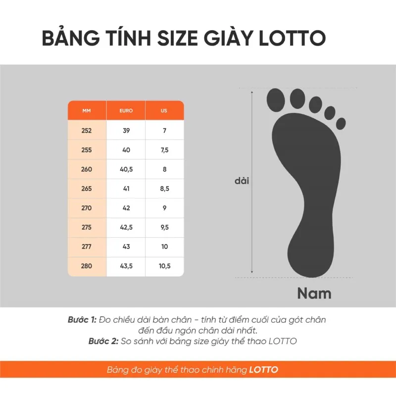 Bảng chọn size Gi&agrave;y Pickleball/Tennis Nam Lotto Mirage 300 III