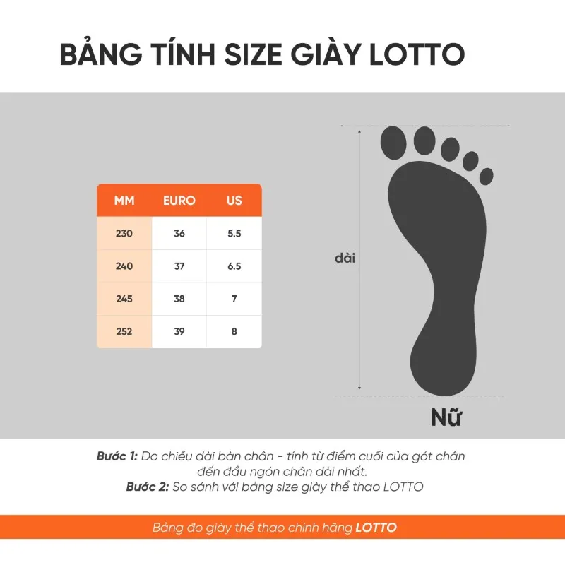Bảng kích thước chọn size giày Lotto nữ