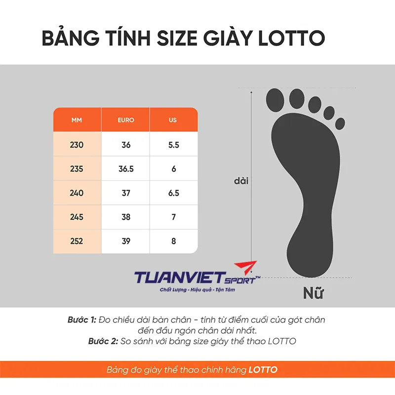 Bảng size Gi&agrave;y Pickleball/Tennis Nữ Lotto Mirage 700