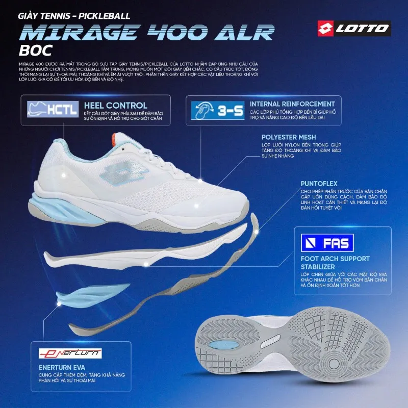 Công nghệ của Giày Pickleball/Tennis Nữ Lotto Mirage 400 ALR W BOC