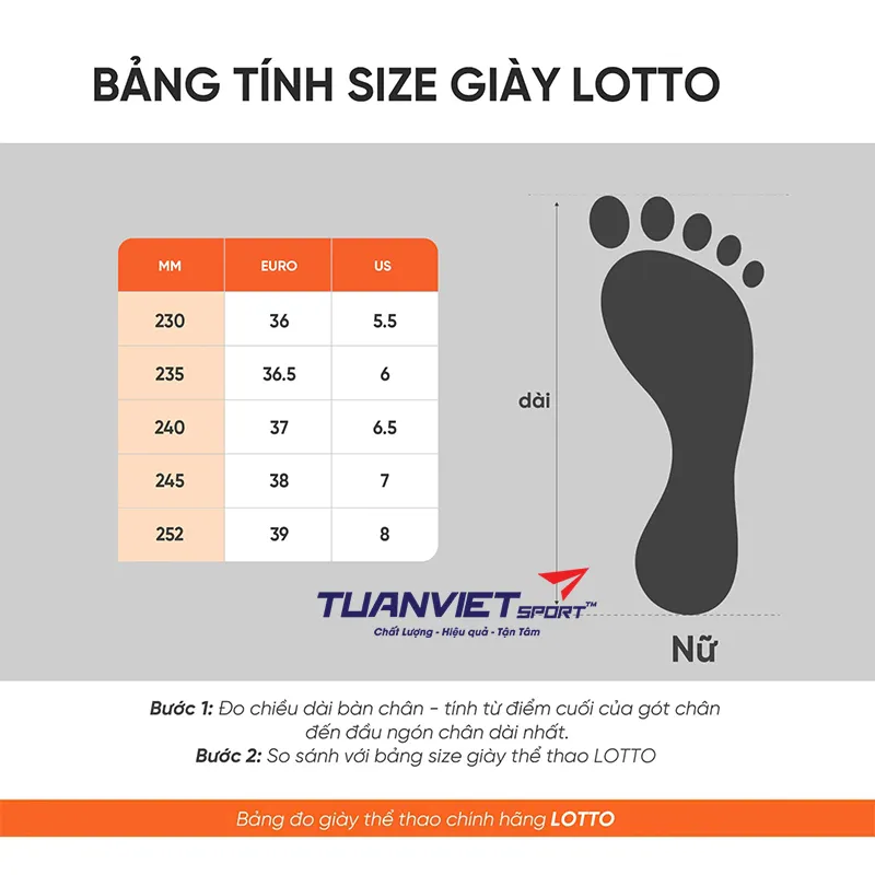 Bảng size Gi&agrave;y Pickleball/Tennis Nữ Lotto Raptor 300