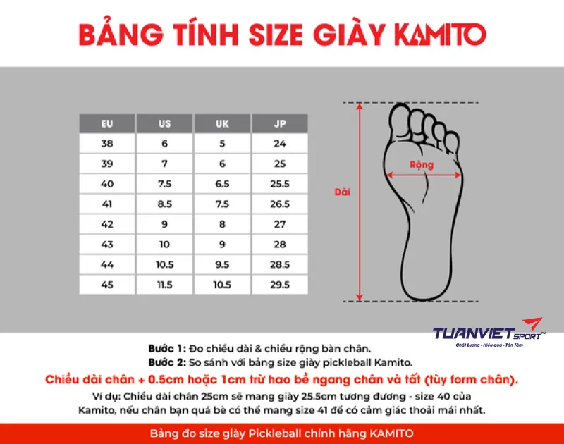 Bảng Size Gi&agrave;y Pickleball Kamito All Court V2