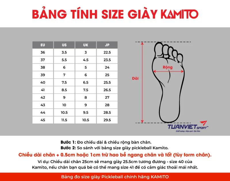 Bảng Size Gi&agrave;y Pickleball Kamito Brillant V2