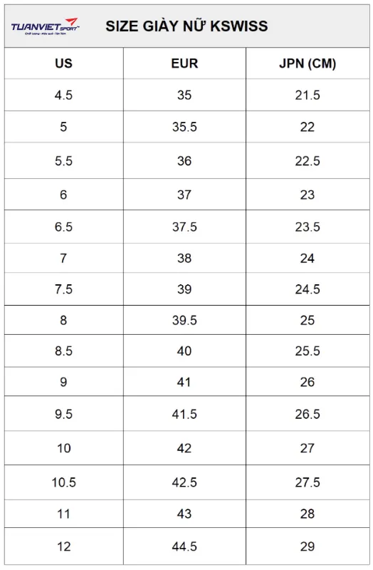 Bảng kích thước size giày thể thao K-SWISS nữ
