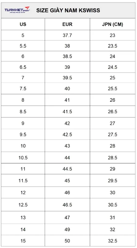 Bảng kích thước size giày thể thao K-SWISS nam