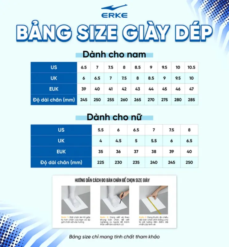 Bảng đo size Gi&agrave;y Thể Thao Nam ERKE 11125214415