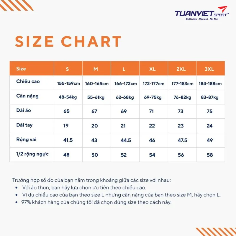 Bảng kích thước size Áo Thi Đấu Pickleball Facolos T-Shirt