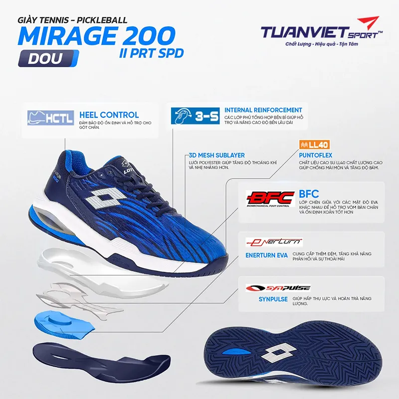 Công nghệ nổi bật của Giày Pickleball/Tennis Nam Lotto Mirage 200 II PRT SPD
