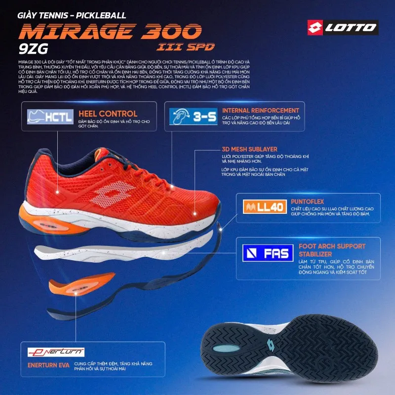 Công nghệ của Giày Pickleball/Tennis Nam Lotto Mirage 300 III