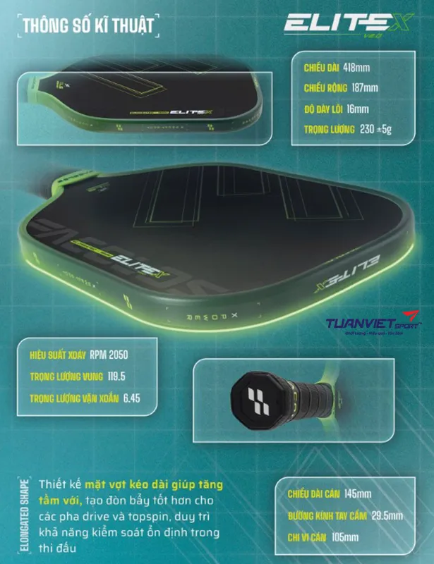 Th&ocirc;ng số Vợt Pickleball Facolos Elite X 2.0 Elongated 16mm