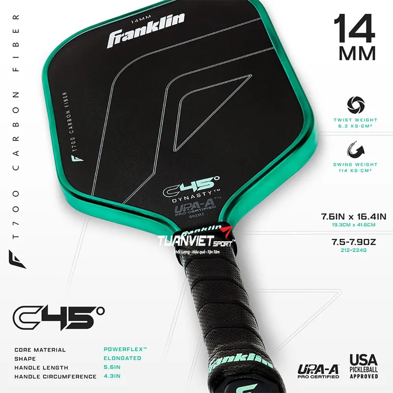 Thông số kỹ thuật của Vợt Pickleball Franklin C45° Dynasty 14mm - Xanh Mint