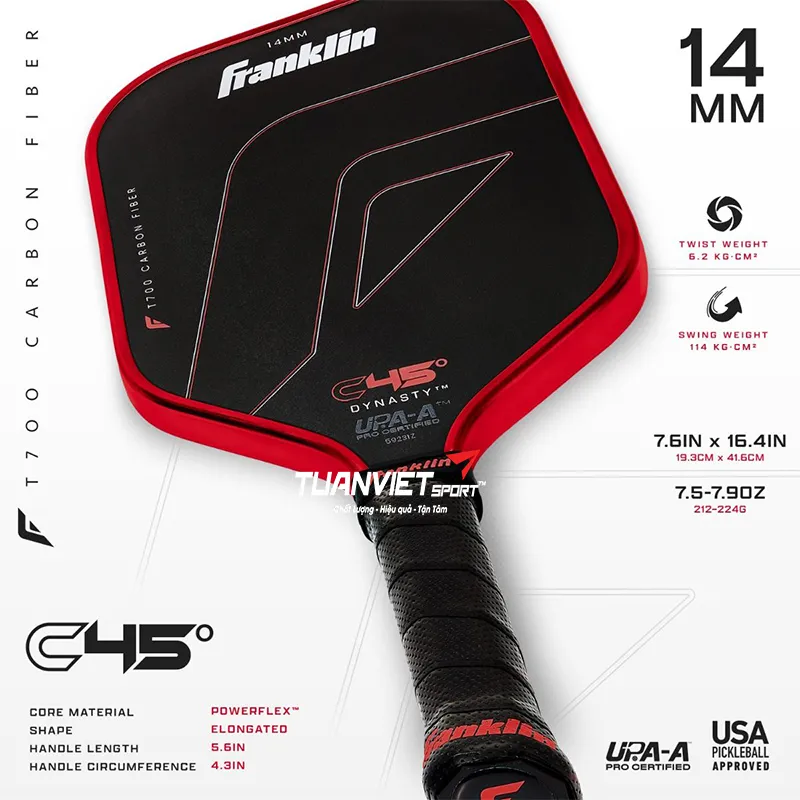 Thông số kỹ thuật của Vợt Pickleball Franklin C45° Dynasty 14mm - Đỏ