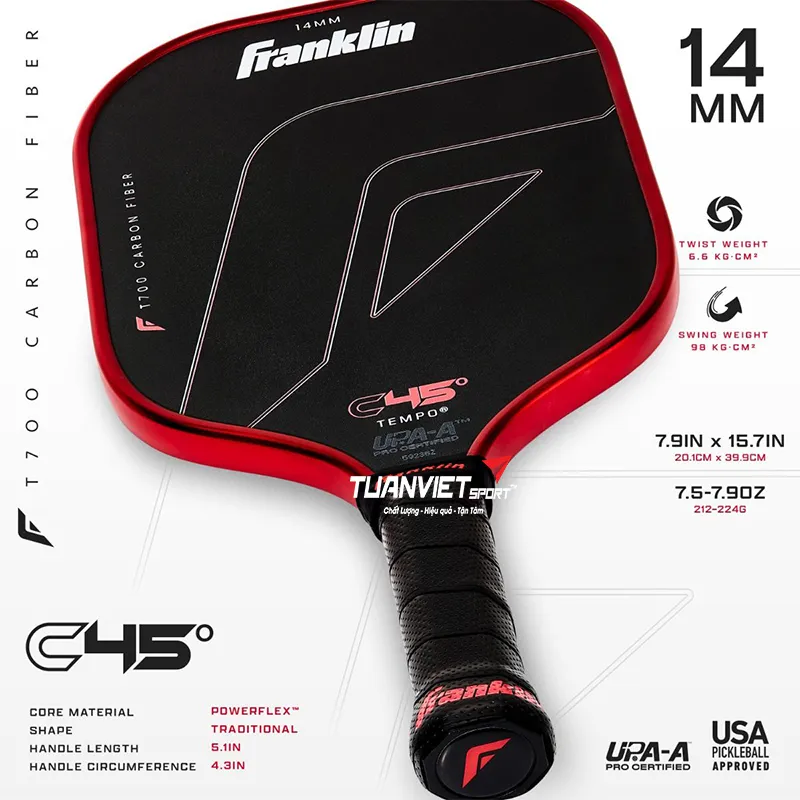 Thông số kỹ thuật của Vợt Pickleball Franklin C45° Tempo 14mm