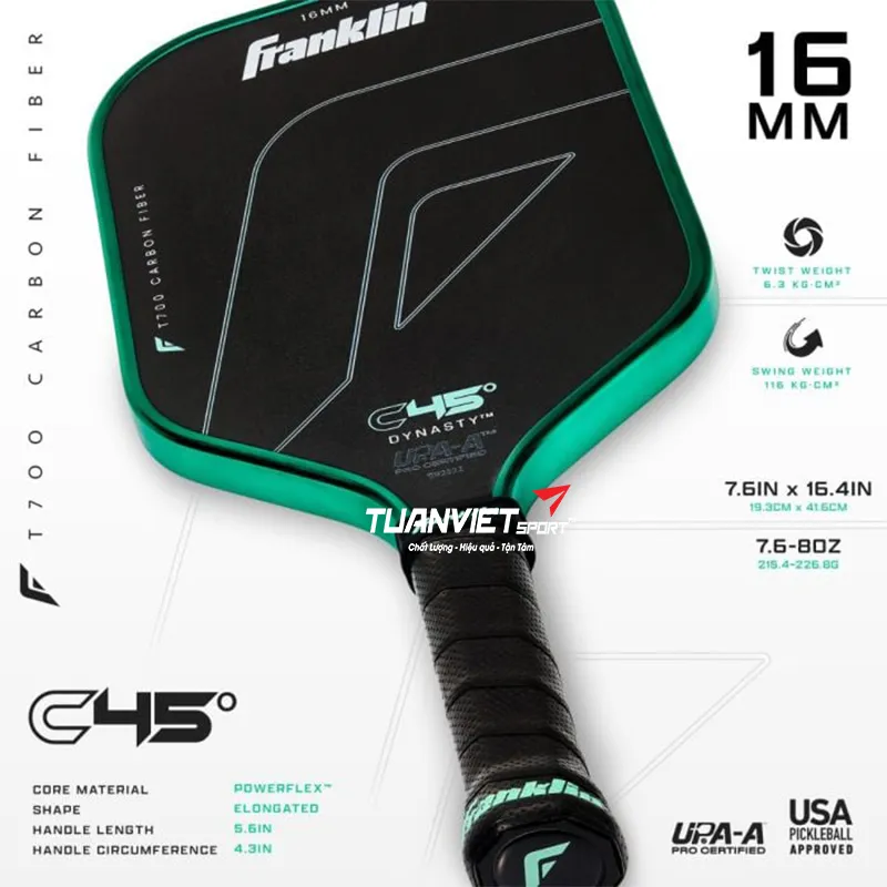 Thông số kỹ thuật của Vợt Pickleball Franklin C45° Dynasty 16mm - Xanh Mint