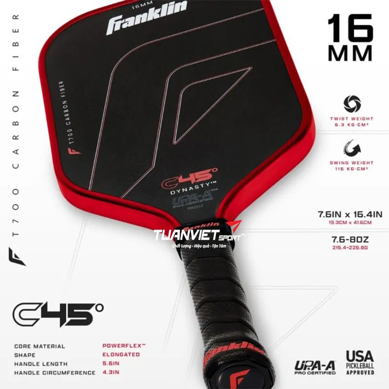 Thông số kỹ thuật của Vợt Pickleball Franklin C45° Dynasty 16mm - Đỏ