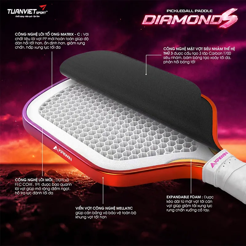C&ocirc;ng nghệ Vợt Pickleball Kaiwin Diamond S