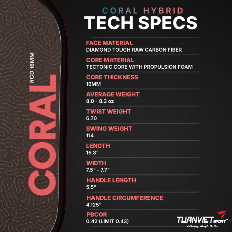 Thông số kỹ thuật của Vợt Pickleball Six Zero Coral Hybrid