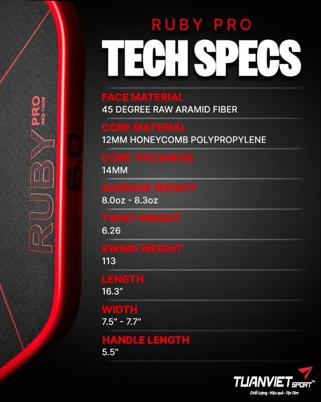 Thông số của Vợt Pickleball Six Zero Ruby Pro 14mm