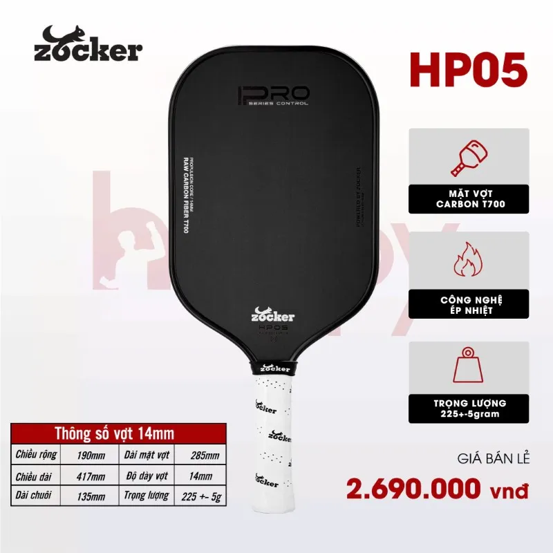 Vợt Pickleball Zocker Happy HP05 Pro Series Control Black - 14mm