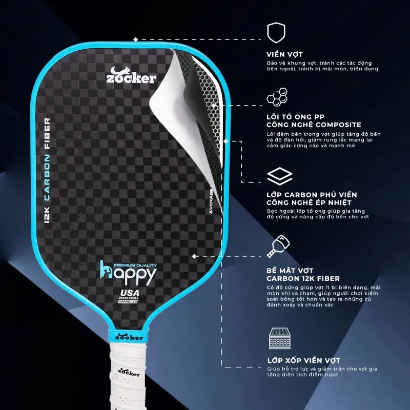 Vợt Pickleball Zocker Happy HP3 Premium Quality Blue