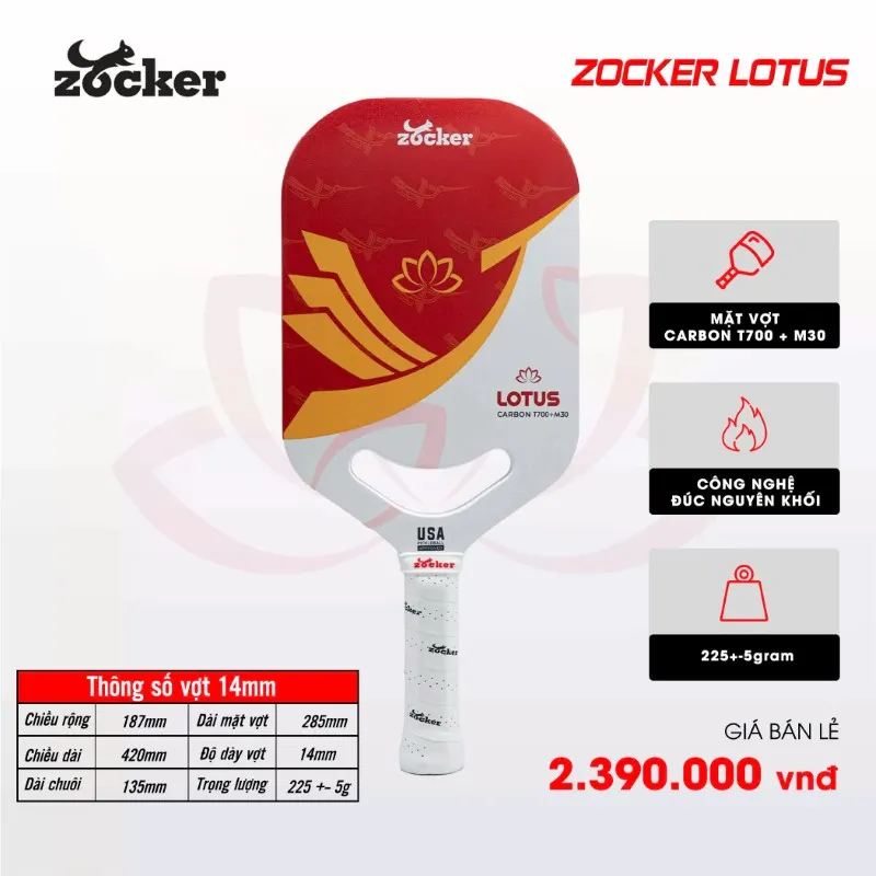 Vợt Pickleball Zocker Lotus LT01 White/Red 14mm