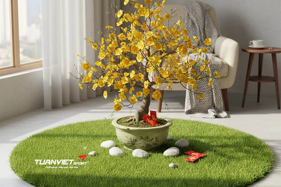 5 &yacute; tưởng cỏ nh&acirc;n tạo phối cảnh hoa mai, hoa đ&agrave;o gi&uacute;p kh&ocirc;ng gian đ&oacute;n lộc đầu xu&acirc;n