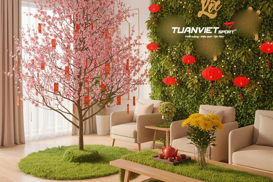 Cỏ nh&acirc;n tạo trang tr&iacute; Tết: &Yacute; tưởng decor từ s&acirc;n vườn đến kh&ocirc;ng gian trong nh&agrave;